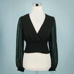 Wilfred Aritzia Size Small S Wistful Black V Neck Sheer Long Sleeve Smocked Top